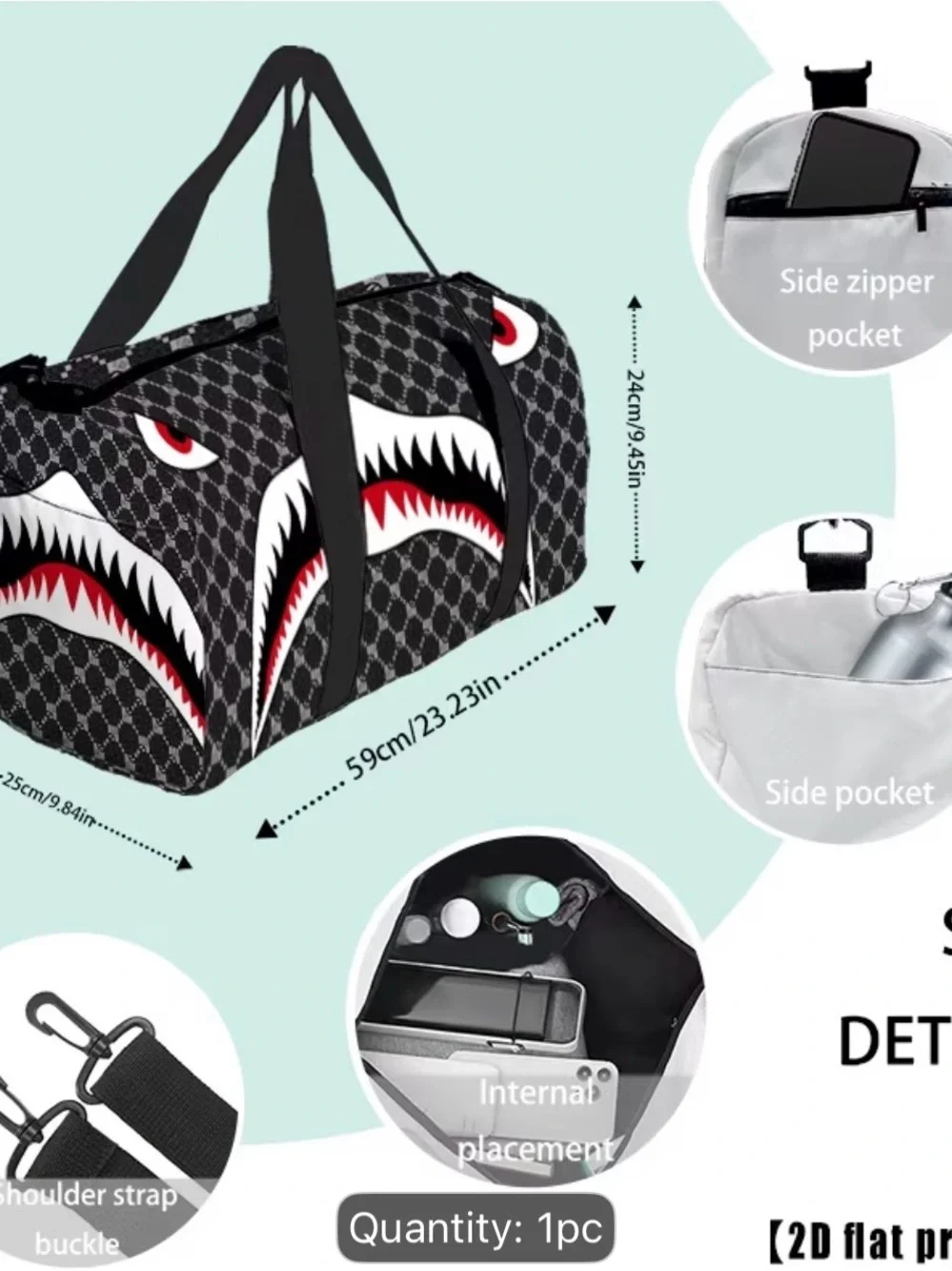 Stylish Black Shark-Print Men’s Duffle Bag - Unbranded